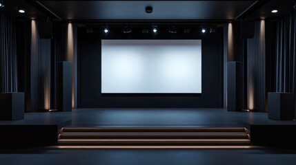 A simple, yet sophisticated business conference stage layout, including a central white display screen, dark stage elements, and strategically placed lighting fixtures to create a polished, impactful
