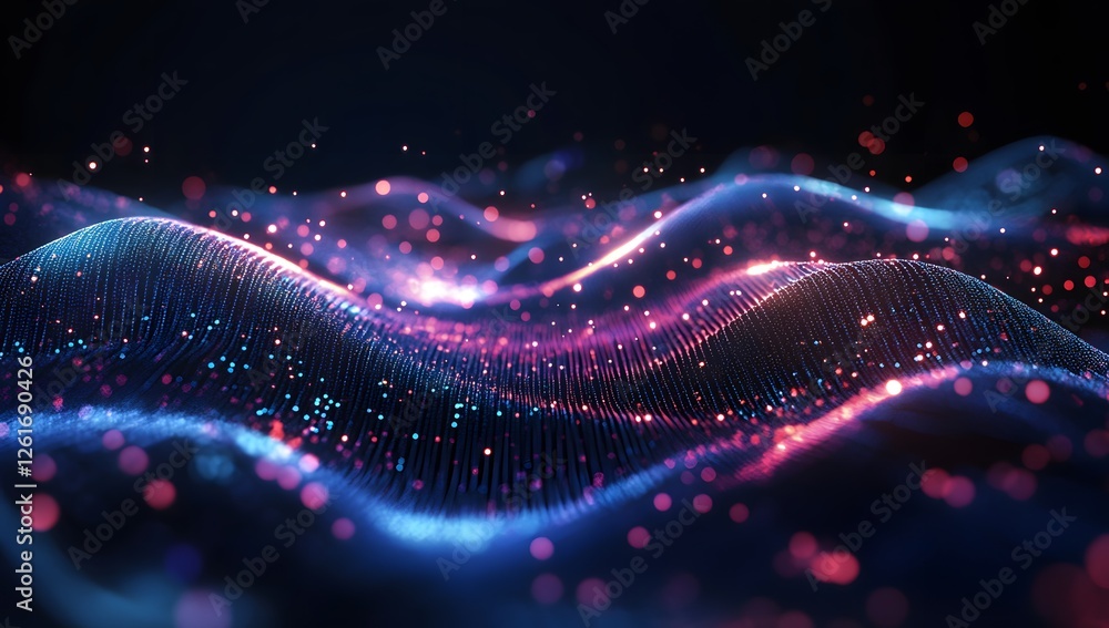 Poster abstract digital wave, vibrant particles, dark background, data flow visualization