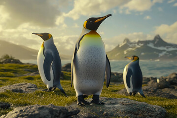 Fototapeta premium Penguins on an island surrounded by grass, rocks and sea.