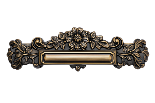 Ornate Brass Door Pull with Floral Design: A decorative brass door pull featuring a rectangular plate with a floral motif, showcasing elegant craftsmanship and intricate details.