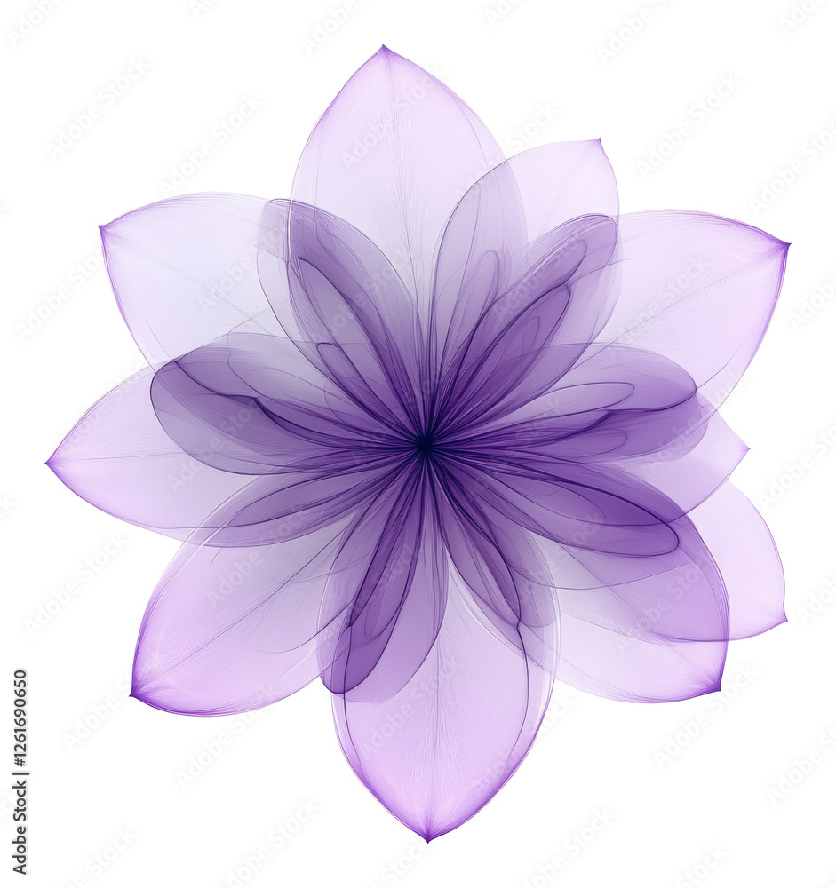 Poster purple translucent flower with overlapping petals, geometric symmetry. abstract art and design conce