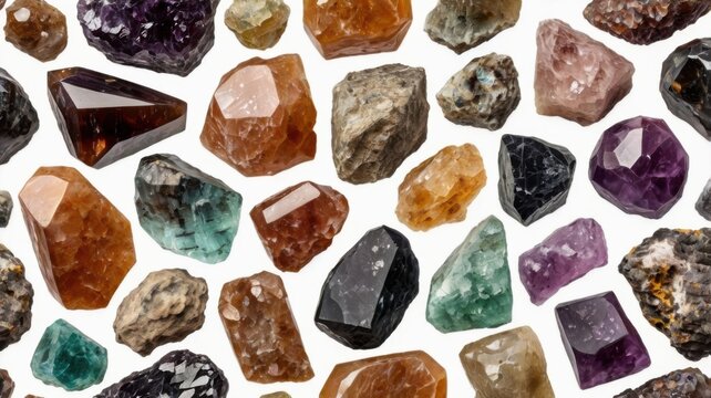 A collection of raw scapolite mineral samples in various shapes, sizes, and colors, displayed on a white background, showcasing their natural textures and crystal formations.

