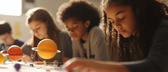 Students exploring planets through hands-on activity.