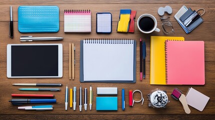Stylish office supplies on a wooden desk.