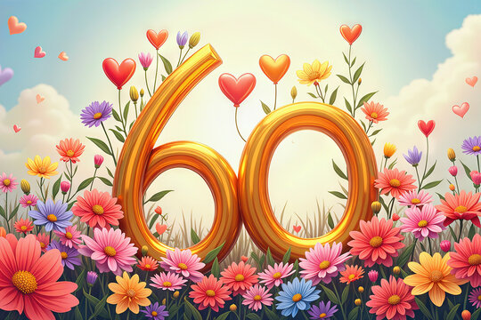 Greeting card for 60 years. Vibrant and colorful design featuring golden number 60 surrounded by flowers and hearts, celebrating a 60th birthday.