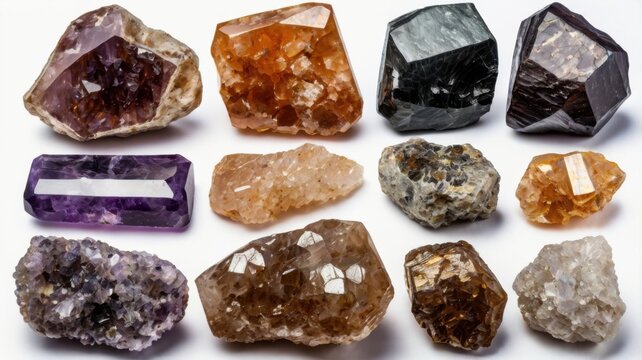 A collection of raw scapolite mineral samples in various shapes, sizes, and colors, displayed on a white background, showcasing their natural textures and crystal formations.

