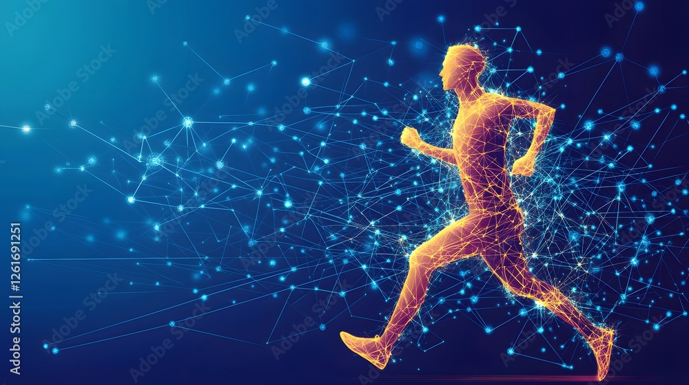Poster digital runner sprinting through a connected network of data