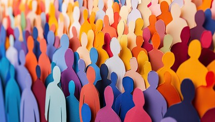 Geometric paper silhouettes in rainbow hues and mixed ethnic features representing global unity. Optimized for digital displays, event backdrops, and multicultural awareness initiatives.