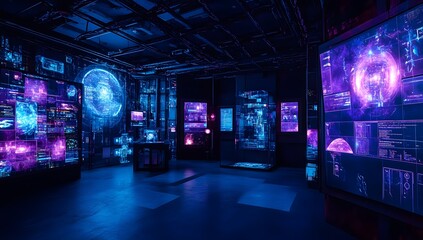 Futuristic Tech Lab, glowing displays, data analysis, command center
