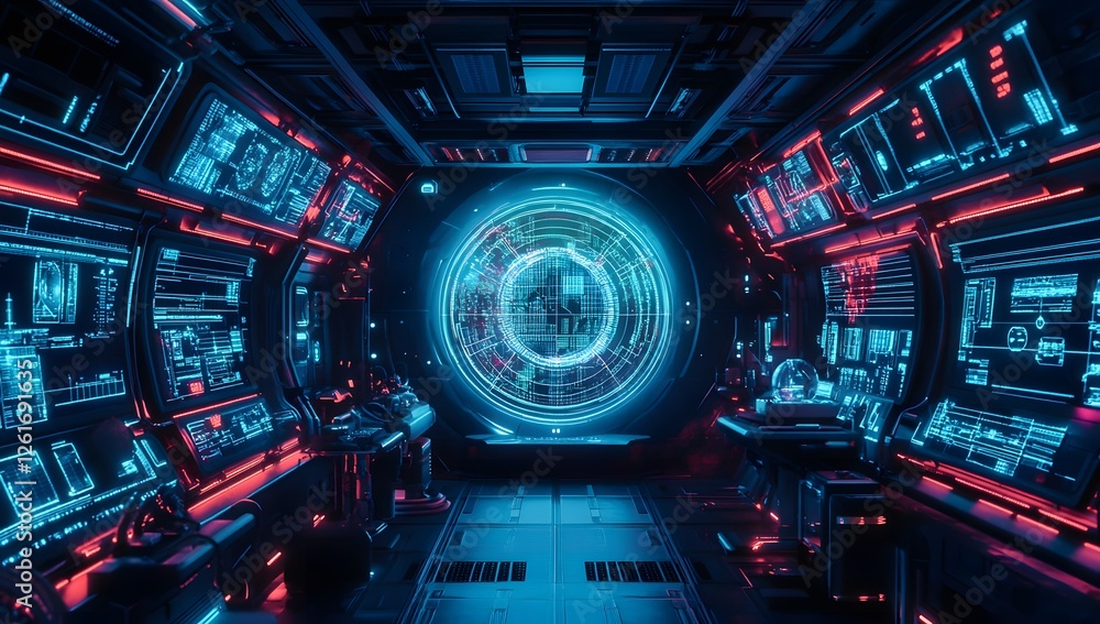 Poster futuristic spaceship cockpit with holographic display