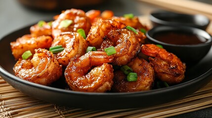 Crispy Sesame Shrimp Garnished with Scallions on a Black Plate
