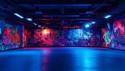 Graffiti-covered underground event space lit with vibrant neon