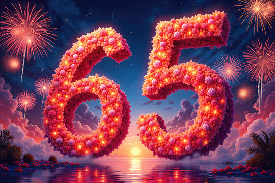 Greeting card for 65 years. A vibrant, flower-covered 65 floats in the sky amidst fireworks and clouds over a serene sunset ocean.