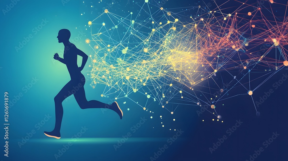 Aufkleber silhouette of a runner connected to abstract network background