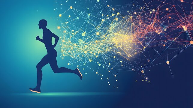 Silhouette of a runner connected to abstract network background