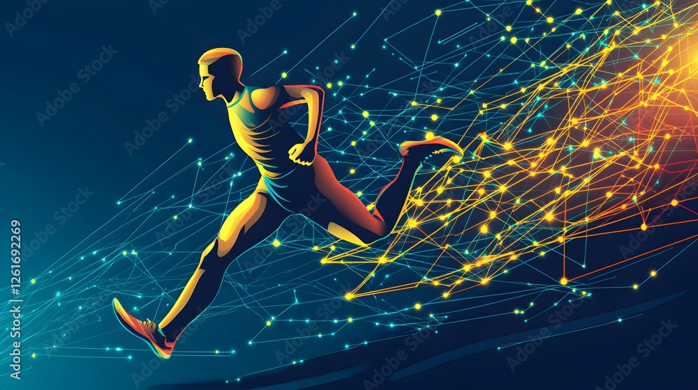 Aufkleber digital runner sprints through a connected network of light