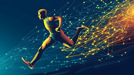 Obraz premium Digital runner sprints through a connected network of light