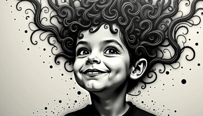 Abstract Dot Illustration: Curly-Haired Boy Face