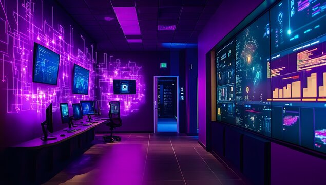 Purple tech room, monitoring screens, server racks, future - Powered by Adobe