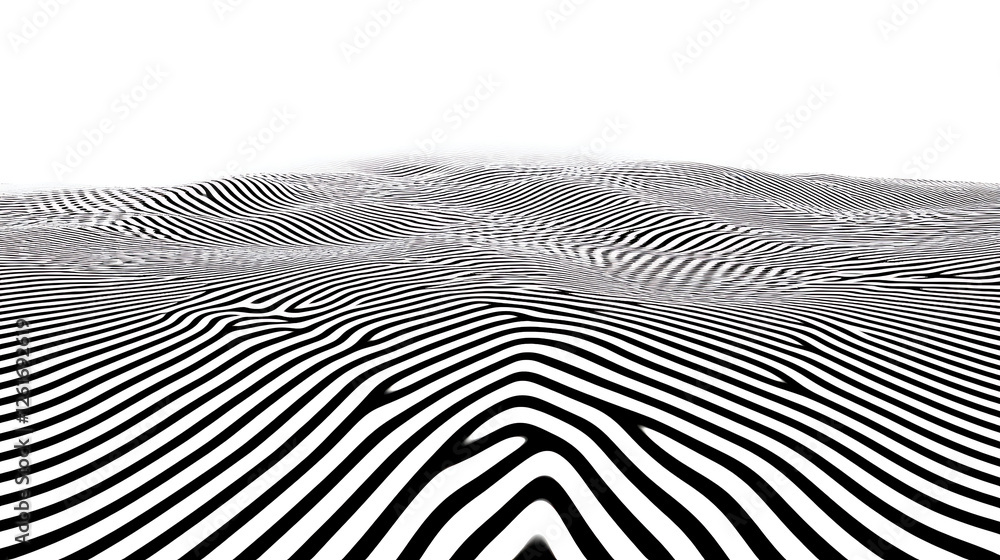 Poster undulating topography with black and white stripes creating abstract visuals in a serene white field