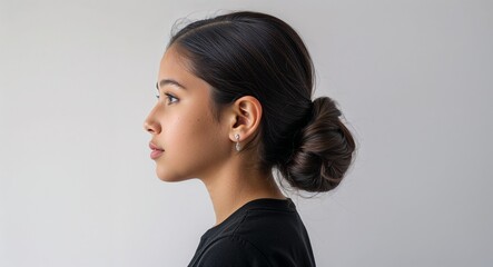 Black background Hispanic girl side view portrait on plain white background
