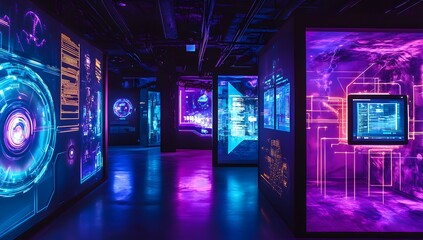 Futuristic exhibit, interactive displays, glowing displays, illuminated museum,  dark interior