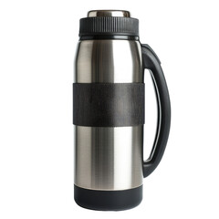 Stainless steel thermos with black grip handle, ideal for travel and outdoor activities. Keeps beverages hot or cold for extended periods