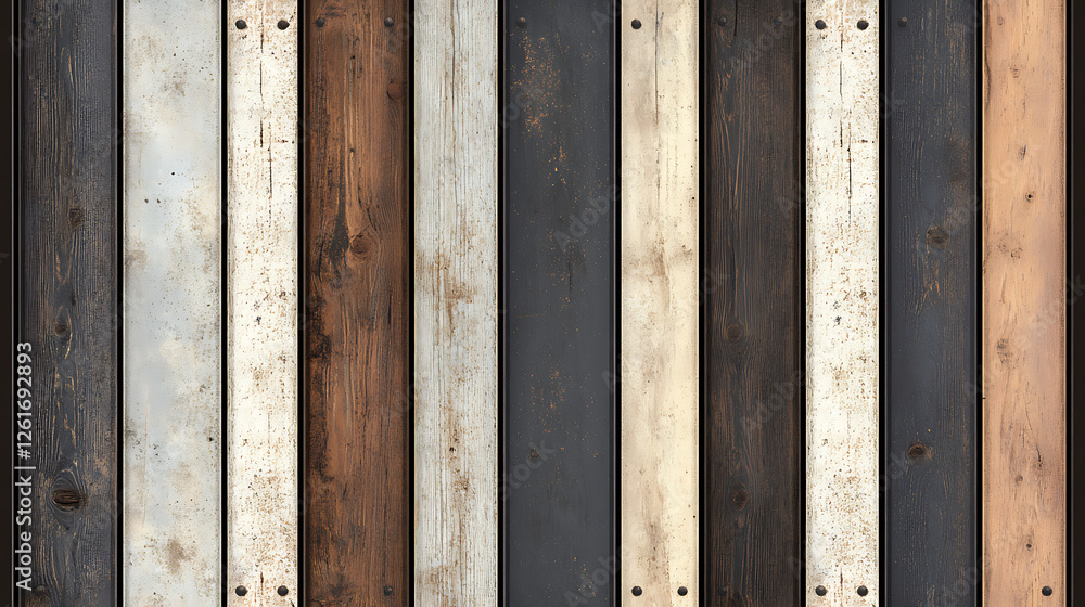 Poster varied color wooden plank pattern background backdrop with distressed textures and exposed fasteners