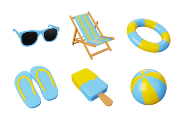 3D illustration icon set summer holidays seaside beach set on white background