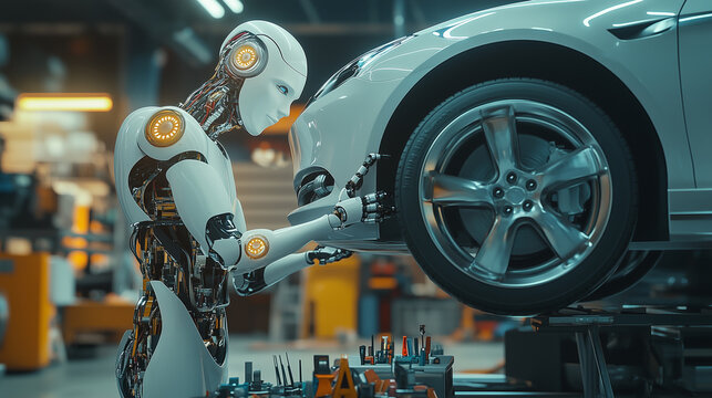 Futuristic robotic mechanic performing precision repairs on a modern car in a smart factory setting, demonstrating the evolution of AI-driven automotive technology. Image made using Generative AI.