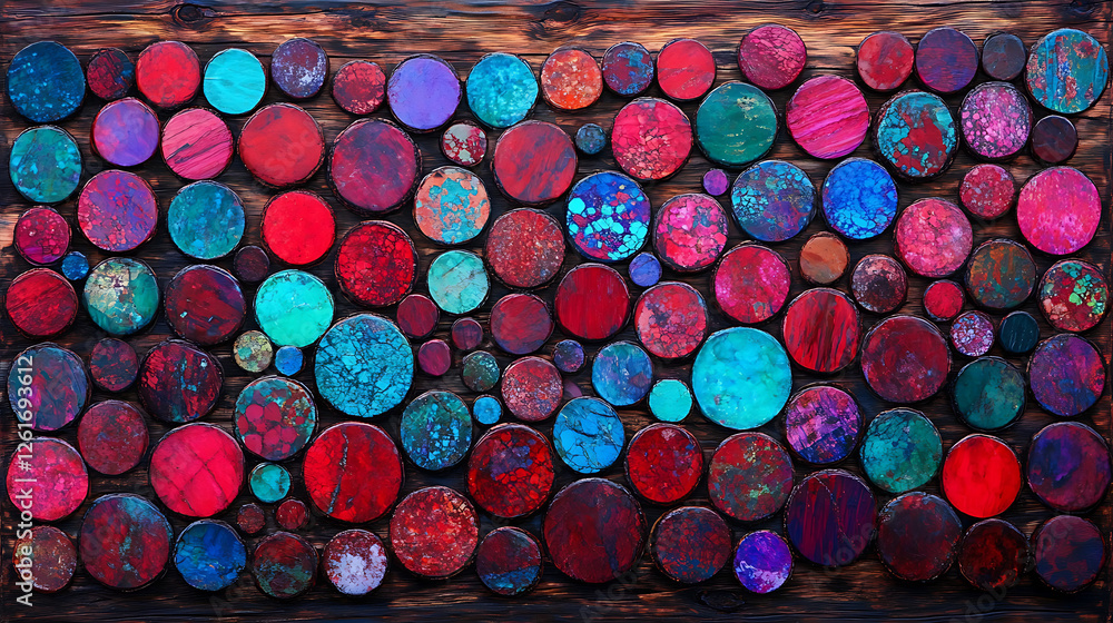 Poster vibrant array of circular wood slices in rustic artistic display on distressed wooden surface decor