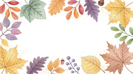 Watercolor autumn frame with roses and leaves isolated on a white background. Eucalyptus leaves frame background with watercolor