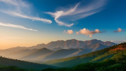 A serene landscape photograph of the Vindhya Range, a majestic mountain range in central India, with lush green forests and trees dotting the gentle slopes, set against a vibrant blue sky with a few w