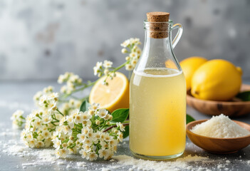 Elderflower Cordial, Lemon, and Flowers on a Table