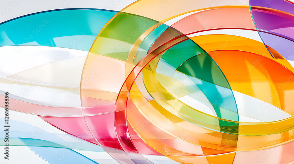 Poster vibrant circular forms intertwining abstract design on white backdrop creates modern artistic look