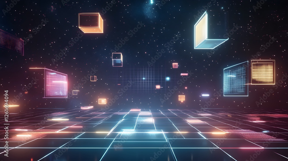Poster abstract floating geometric shapes in a digital space