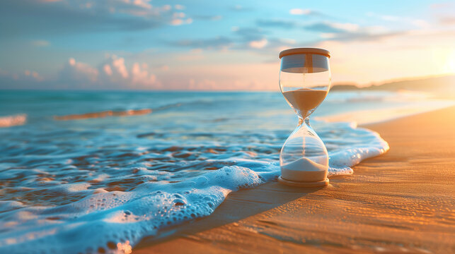 Hourglass on a Beach Representing Time and Reflection