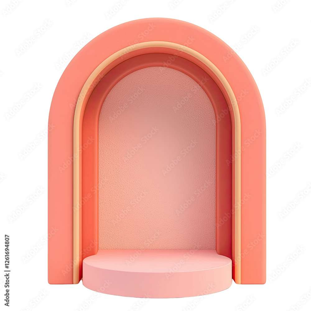 Poster modern arch shaped display with soft pink tones, featuring layered curves and smooth surface, perfec
