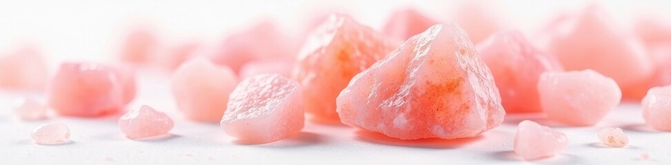 Close-up of pink Himalayan salt crystals, pure white backdrop, salt, delicious, white background
