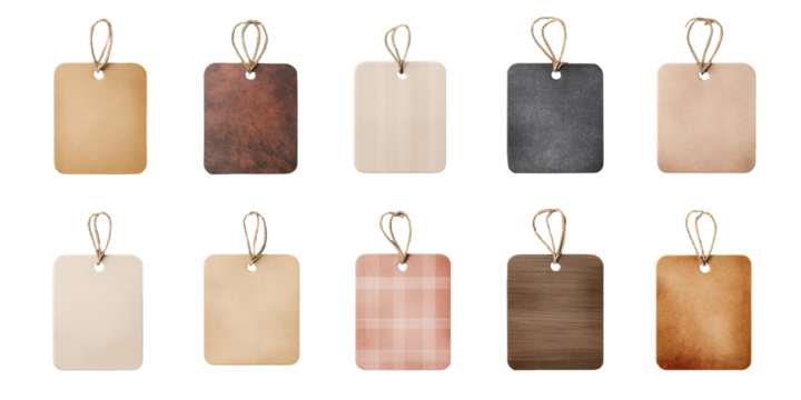 Ten square tags with various textures and colors,