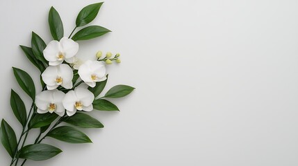 Elegant white orchids with lush green leaves arranged on a clean white background, exuding simplicity and natural beauty, perfect for minimalist floral designs or botanical inspirations.