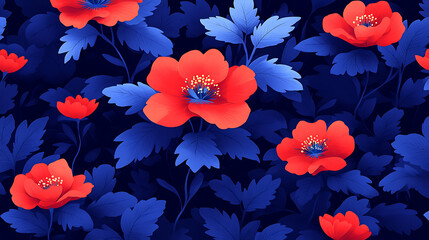 Obraz premium Vibrant Red Flowers with Blue Leaves Seamless Pattern Design Elegant and Stylized Backdrop