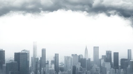 City skyline view with dark clouds isolated on white background. Template concept with copy space. Banner or poster design