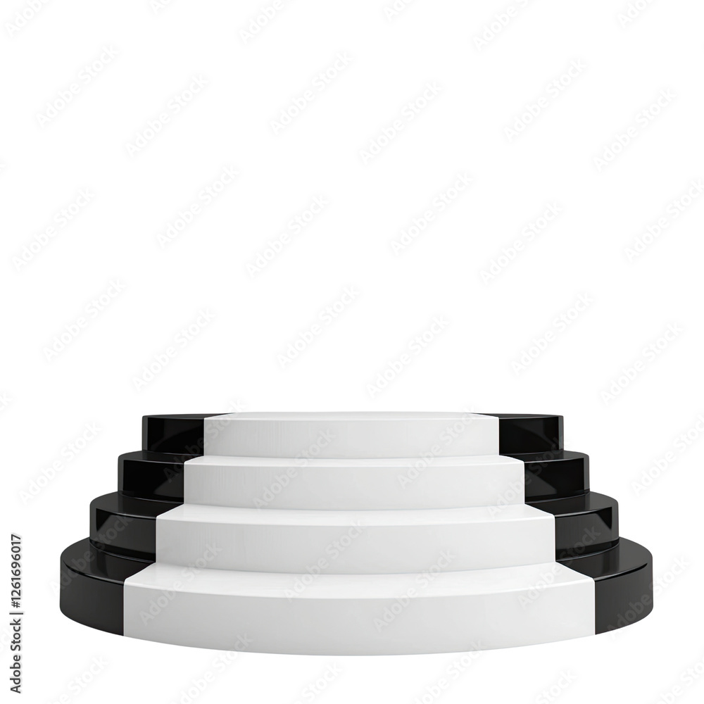 Poster modern podium with layered steps in black and white design, ideal for presentations or events. sleek
