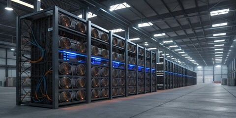 Industrial data center housing multiple servers equipped with cooling systems operating in a spacious warehouse environment