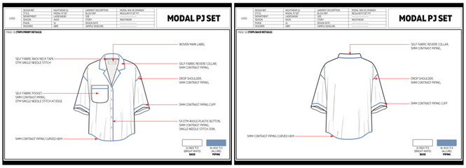 Women Nightwear revere collar shirt Fashion Design Technical Tech Pack. 