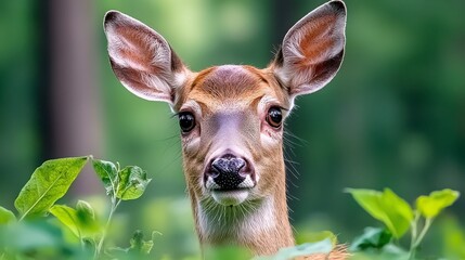 Inquisitive Deer Peeking Through Green Foliage in Nature Setting