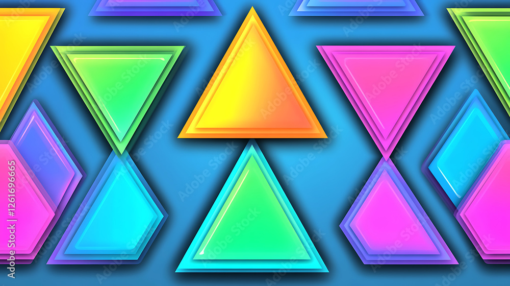 Poster vivid abstract geometric pattern design with layered triangle and diamond shapes on bright blue back