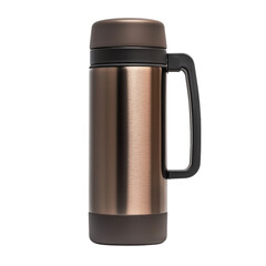 sleek, insulated travel mug with copper finish and sturdy handle, perfect for keeping beverages hot or cold on go. Ideal for outdoor adventures or daily commutes