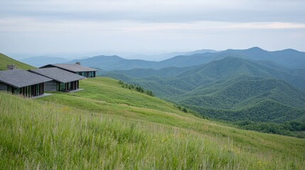 Obraz premium Mountaintop Cabins, Misty Landscape, Scenic View, Relaxing Retreat, Outdoor Living